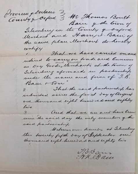 Handwritten declaration of partnership for T.B. Bain & Son of Tillsonburg.